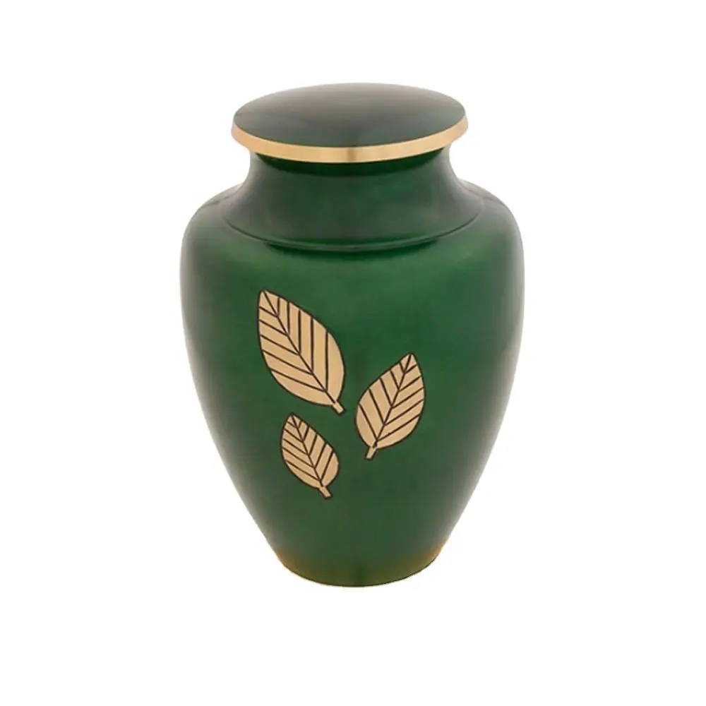 indoor decorative urn Western Style Green Adult Cremation Urns With Gold Leave Embossed Brass cremation urns