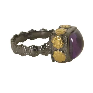 Direct Factory Price Handmade 925 Sterling Silver Ring Amethyst Gemstone Gold Plated and Black Rhodium Jewelry