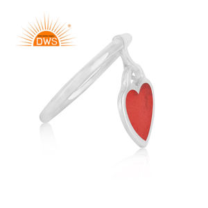 Anillo de plata de primera ley con forma de corazón, sortija, plata esterlina 925, blanco, rodio plateado, liso, esmalte rojo - Product Image 2