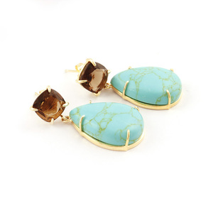 คอลเลคชั่นสุดพิเศษสโมกกี้ควอตซ์พร้อมหินคู่สีเทอร์ควอยซ์ต่างหูประดับพลอยชุบทอง18K - Product Image 5