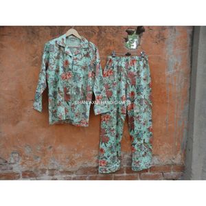 Green Birds Print Indian Night Pyjama Set Dress 100% Cotton Organic Night Suit Indian Wholesale Sleepwear - Product Image 5