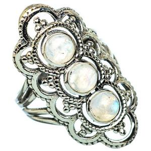 Cabochon rond en argent Sterling 925 avec pierre de lune arc-en-ciel, pierre précieuse, 3 pierres et 4 bandes, haut de gamme - Product Image 2