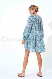 100% pur coton imprimé taille smocks robe courte pleine ballon manches avec volants encolure ajustée confortable robe courte - Product Image 2