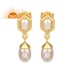 Boucles d'oreilles pendantes en perles blanches naturelles, argent sterling 925 plaqué or, boucles d'oreilles pendantes en nid d'abeille, bijoux en gros - Product Image 1