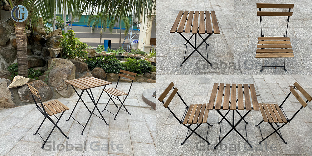 Outdoor garden use acacia wood top metal frame folding table and chair set or tarno table and chair for coffehouse, garden