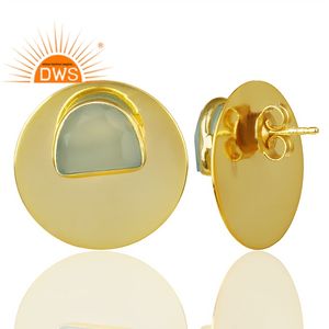 Aqua Chalcedony Gemstone Studs Wholesale 14k Gold Plated Silver Round Disc Shape Stud Earrings Jewelry - Product Image 3