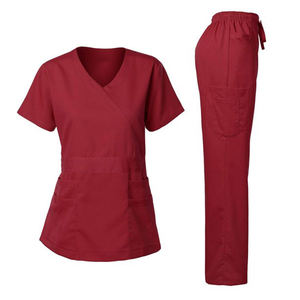 Conjunto de uniforme médico para mujer, Top elástico Y suave con cuello Y pantalones con bolsillos de carga multibolsillo - Product Image 4