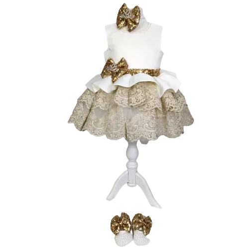 Wholesale Custom Newborn New Design Girl Dresses High Quality Modern Lux Gold White Lace Birthday Party Baby Girls Dress