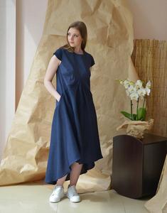 Vestido de lino de media manga con cuello redondo para mujer, tela de crepé azul claro, a la moda, último diseño, largo hasta la rodilla, novedad - Product Image 2