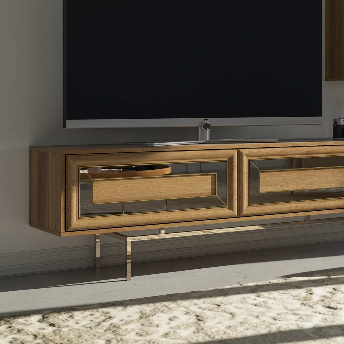 लक्जरी टीवी कंसोल स्मार्ट इकाई के नए डिजाइन आधुनिक प्रकाश लक्जरी टीवी तालिका में अलमारियों के साथ लकड़ी धातु अनुकूलन आकार