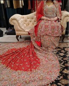 RED LONG <b>TOP</b> TRAIL LEHENGA INDIAN /PAKISTANI DRESS Embellished DABKA, ZARI Work for Wedding @ 2022 - Product Image 1
