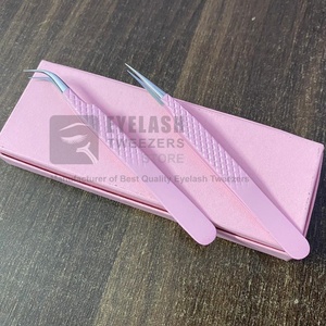 Pince à épiler professionnelle d'extension de cils rose clair poignée en diamant durable cils incurvés droits en acier inoxydable pointus privé - Product Image 4