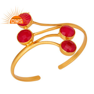 Bracelet en laiton plaqué or à la mode, fournisseur de bracelets, bracelet en chalcédoine rose multi-gemmes, bijoux, collection classique - Product Image 1