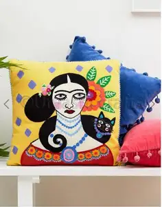 Indian Ethnic Hand Embroidered Printing Cushion Cover Beautiful All Around Pom Pom Lace Modern Cushion Cover