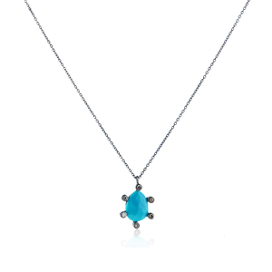 Collier pendentif en argent 925 oxydé avec diamant naturel serti clos et pierre précieuse turquoise, bijoux fins en gros - Product Image 1
