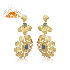 Pendientes colgantes con diseño Floral de latón texturizado, joyería con piedras preciosas de Calcedonia azul, venta al por mayor - Product Image 2