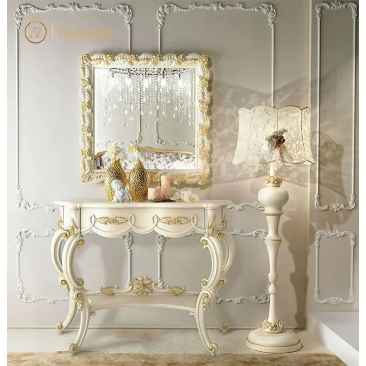 Consola clásica de madera, mesa de lujo con espejo, estilo italiano tallado, consola, juego de espejos