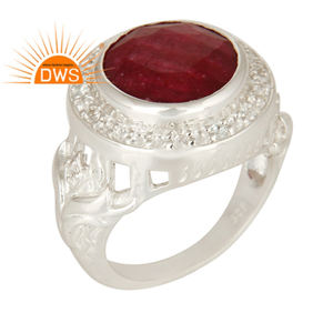 Anillo de cóctel de declaración de Plata de Ley 925 con piedras preciosas de topacio blanco de corindón rojo para mujer, regalo para su colección clásica - Product Image 1