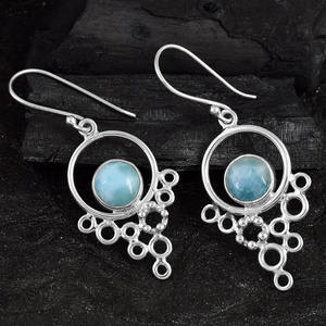 Solide Pur 925 Sterling Argent Rhodium Plaqué Léger Pierres Précieuses Larimar Crochets Boucles D'oreilles Fine Jewelry pour Femmes Enfants - Product Image 2