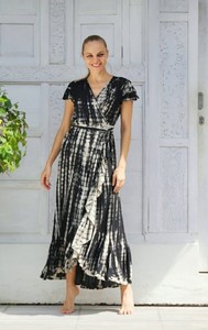 Stylish Wrap <b>Tie</b> Dye Bohemian Summer Frill Maxi Dress With Beachy Dreamy Colors - Product Image 3