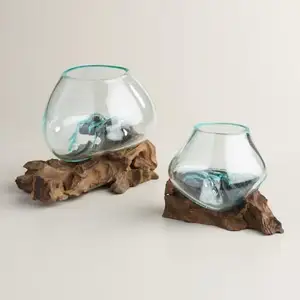 Оптовая продажа расплавленного стекла на деревянной вазе, расплавленное стекло на деревянной вазе, украшение для дома