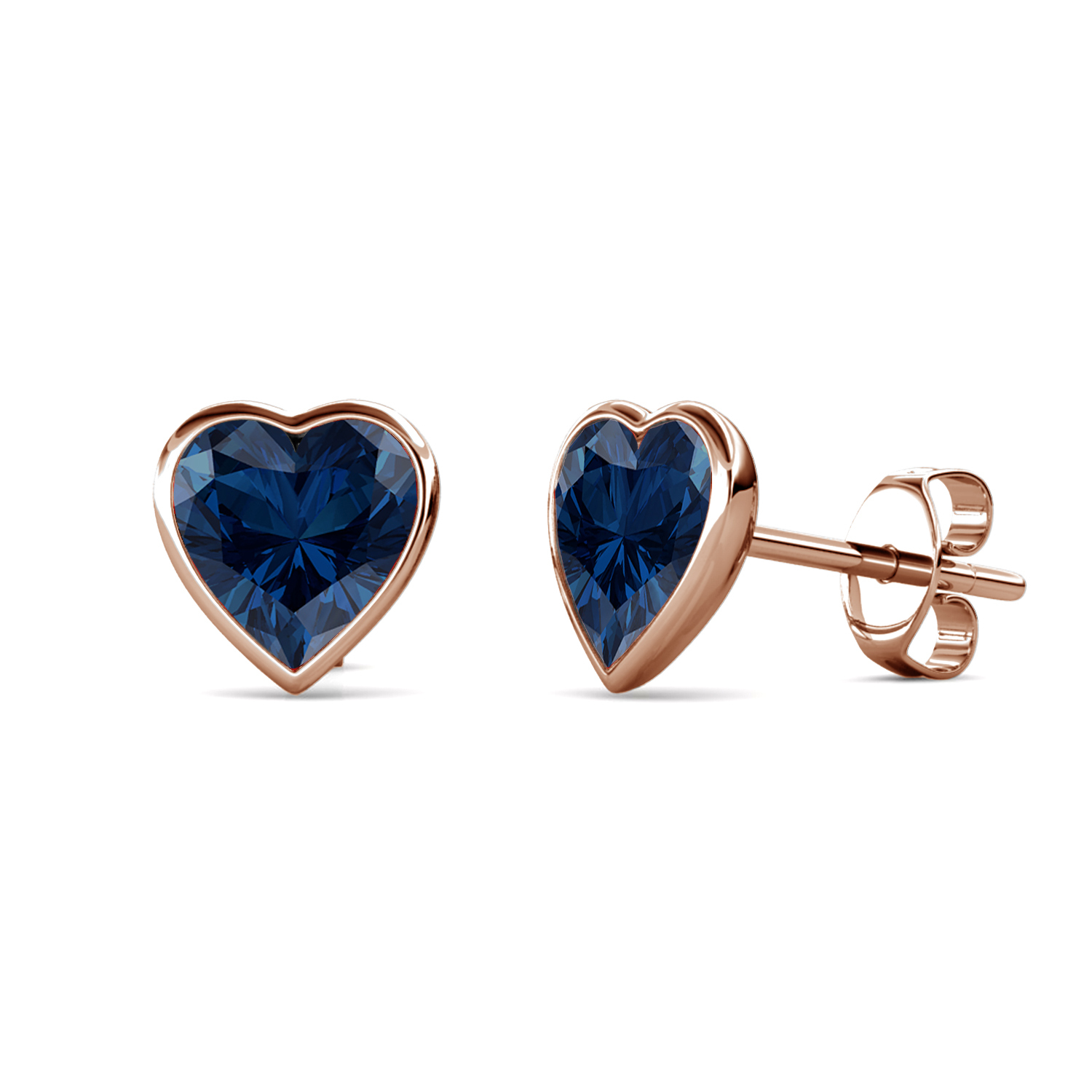 Brass With 18k RG Dark Blue Heart Shaped Crystal Stud Earrings