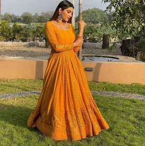 Awesome New Yellow <b>Colour</b> Heavy Look Embroidery Sequence Work Georgette Fabric Gown with Soft Nylone Net Border Lace Duptta - Product Image 4