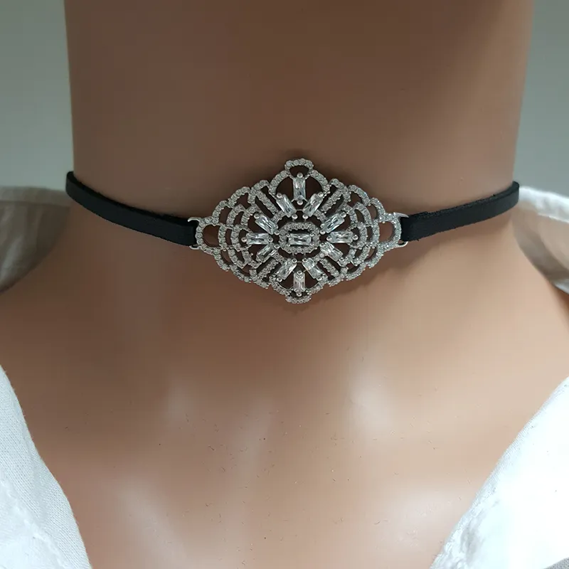 925 sterling Silver Choker Jewellery Black Leather Baguette Collar Necklace Flower Choker