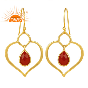 Piedra preciosa de ónix rojo chapado en oro 92,5 plata esterlina colgante corazón pendiente joyería para mujer regalo para su colección Vintage - Product Image 1