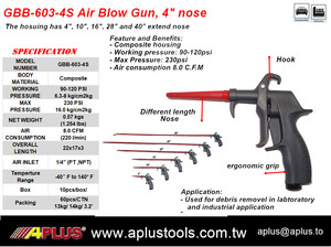 Pistolet à air comprimé APLUS GBB-603-4S, longueur de la buse de 4 pouces, boîtier composite, personnalisable OEM, pression maximale de 230 PSI, 8 CFM, certifié ISO9001 - Product Image 2