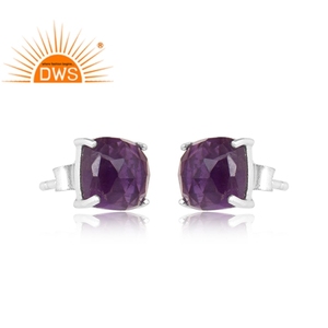 925 <b>Fine</b> Sterling Silver Natural Amethyst Gemstone <b>Stud</b> <b>Earring</b> for Women Jewelry Manufacturer - Product Image 4