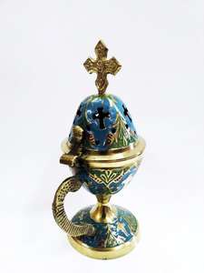 Quemador de Incienso Pintado a Mano en Dorado, Azul y Verde, Quemador de Perfume de Madera, Incensario Elegante con Acabado en Bronce - Product Image 6