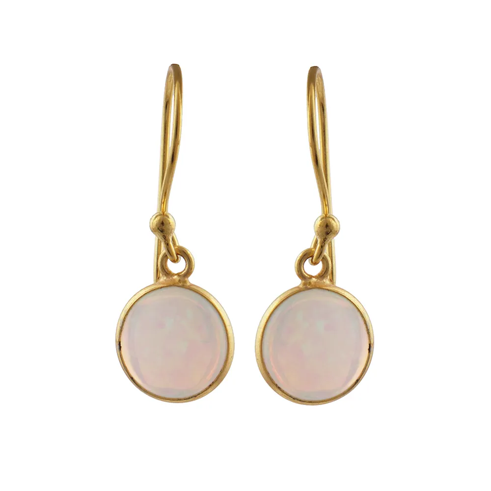 White Ethiopian Opal Gemstone Hook Gold Plated Earrings Bezel Setting Round Gemstones Dangle & Drop Jewelry Mode Joyas E-1257