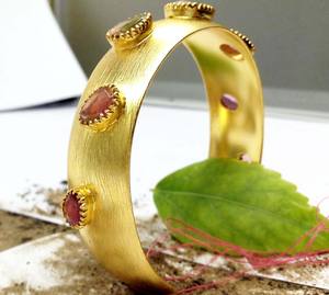 Sterling Silver 925 <b>Gold</b> Plated Customization Handmade Multi Color Tourmaline Gemstone Trendy Wholesaler Unisex Cuff <b>Bracelet</b> - Product Image 1