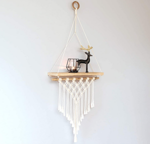 Tissé Macrame Plante suspendue Corde Pot Suspendus Titulaire avec Double Étagère En Bois Tenture Murale Décor - Product Image 2
