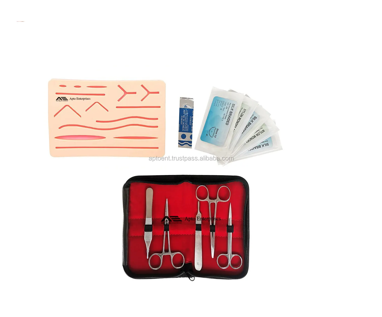 Kit completo de prática de sutura com instrumentos cirúrgicos de precoce precoce de três camadas de sutura para pele da Apto Enterprises