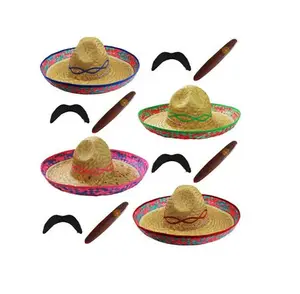 Multi Gekleurde Mexicaanse Palm Strooien Hoed Oversized Traditionele Mexico Sombrero Hoeden Met Logo