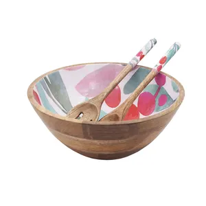 Printed Decorative Wood Salad Or Soup Bowls With Spoon and Fork Server Handmade and Wholesale Suppliers