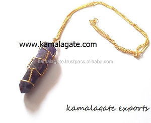 Vente en gros de pierres précieuses naturelles, pendentif en agate, breloque à double terminaison, cristal d'améthyste, fil d'or, style crayon à la mode - Product Image 2