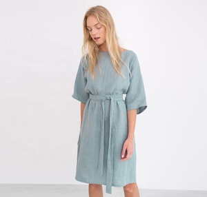 Otoño desgaste Simple damas de lino Midi vestido Casual manga Kimono cinturón para apretar las mujeres perfecto vacaciones de verano Midi vestido - Product Image 2