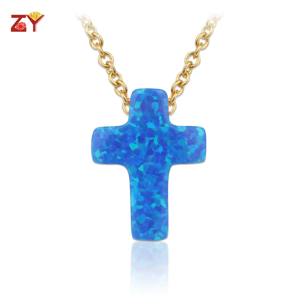 925 Sterling Silver Chain OP05 Blue Color 9x12mm Cross Synthetic Opal Necklace