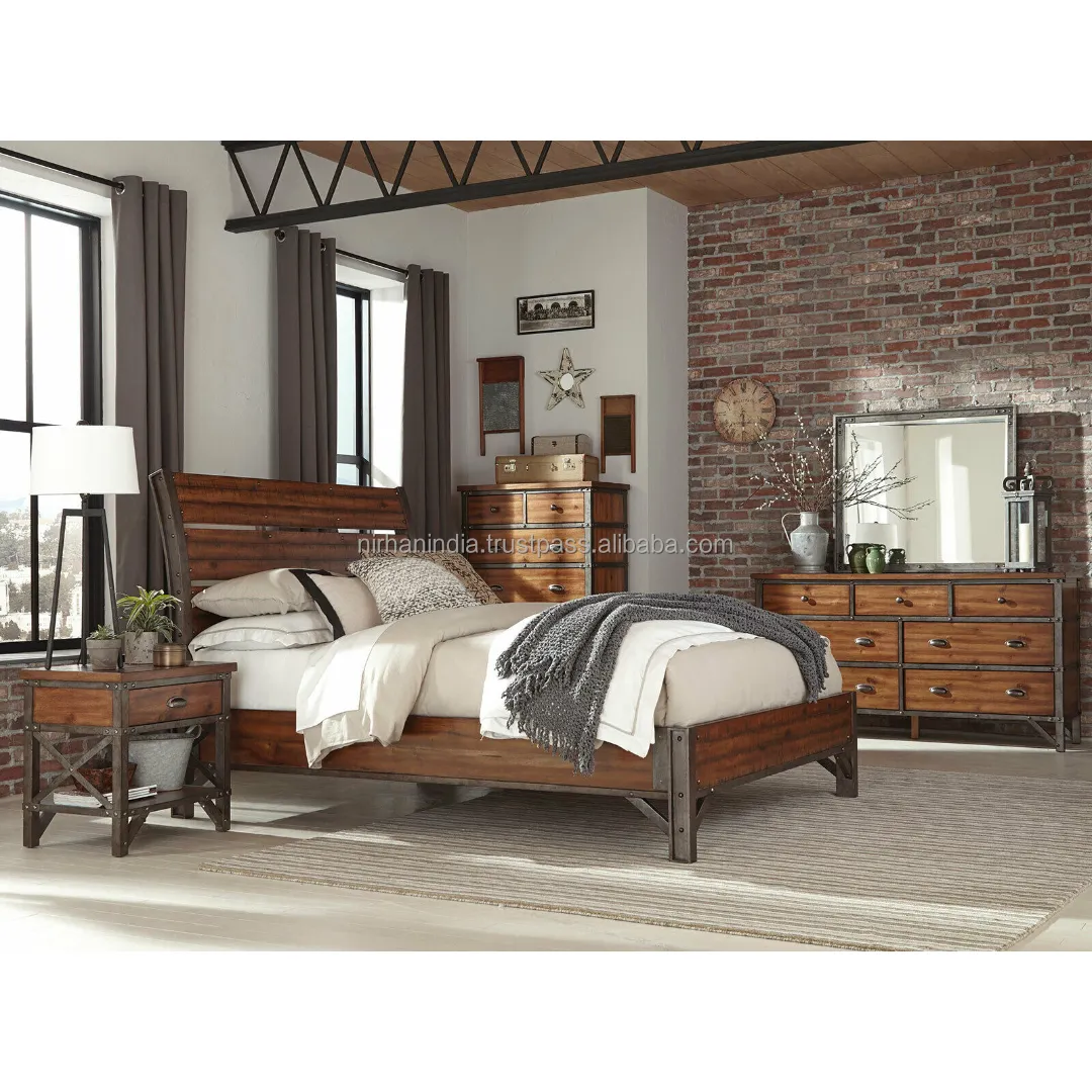 Hartes Massivholz-und Eisen bett mit großer Stärke in Original politur und tollem Look mit allen Schlafzimmer möbeln Wohn möbel