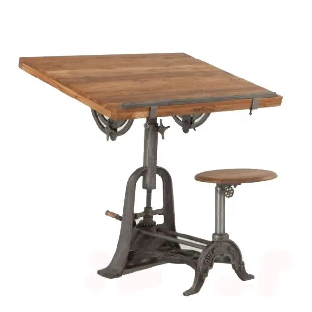 Endüstriyel ve vintage hint dökme demir metal ve katı ahşap yazı masası tabure