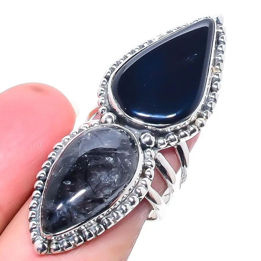 Fantastischer Look attraktives Design Schmuck natürlich schwarz Rutiliert und schwarz Onyx Edelstein Ring 925 Silber Verlobungsringe