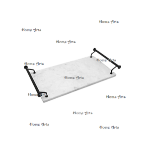 Plateau de service de nourriture en marbre de conception merveilleuse avec poignées de feuille plateau de café de thé de forme de rectangle fait à la main en Inde - Product Image 5
