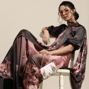 Saree estampado de satén para mujer, con diamante de Siroski saree, funciona en todas las Saras, con dori pieping, contraste de seda - Product Image 1