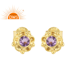 Boucles d'oreilles rondes plaqué or jaune, livraison gratuite, fournitures de bijoux en argent 925, améthyste naturelle, pierres précieuses - Product Image 1