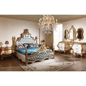 Luxury Pháp Rococo Phong Cách Gỗ Chạm Khắc Antique Vàng Lá Vua Kích Thước Giường Hoàng Gia Châu Âu Nội Thất Phòng Ngủ Bộ