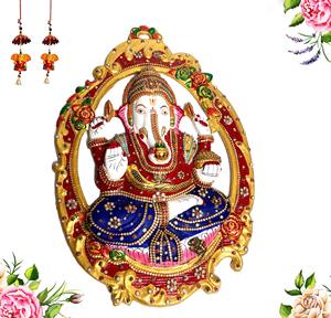 Artesanía Nirmala, Decoración de Pared Ovalada Religiosa Multicolor de Metal Hecha a Mano con Ganesh de Rajasthan, para Regalo Corporativo - Product Image 2