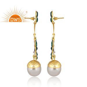 ชุดเครื่องประดับทำด้วยมือทองเหลืองธรรมชาติ CZ สีเขียวและชุดหินมุกต่างหูแบบห้อยสำหรับผู้หญิงแบบดั้งเดิม - Product Image 3